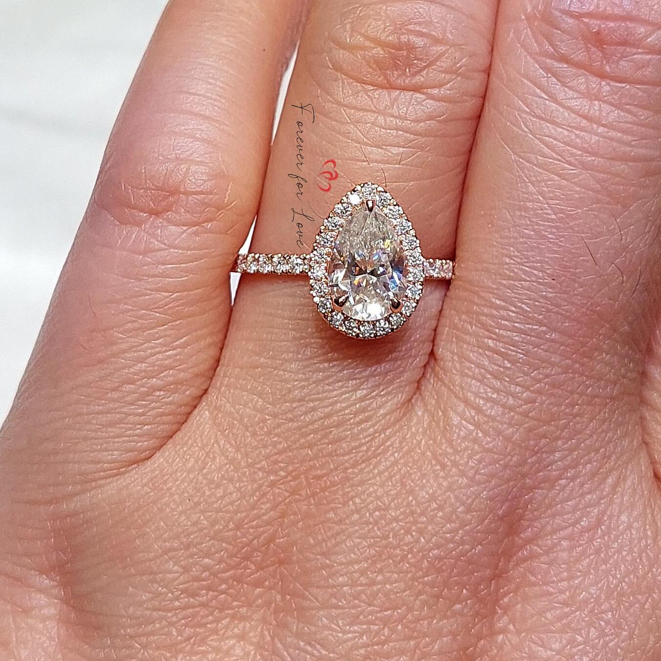 Pear Moissanite Halo Engagement Ring Pear cut 1Ct Moissanite Brilliant Cut engagement ring in 935 Argentium Silver — custom handcrafted by Forever For Love