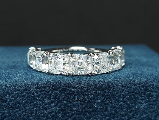 Asscher Cut Anniversary Band Moissanite Wedding Band Half Eternity Band Solid 14K White Gold, Statement Ring