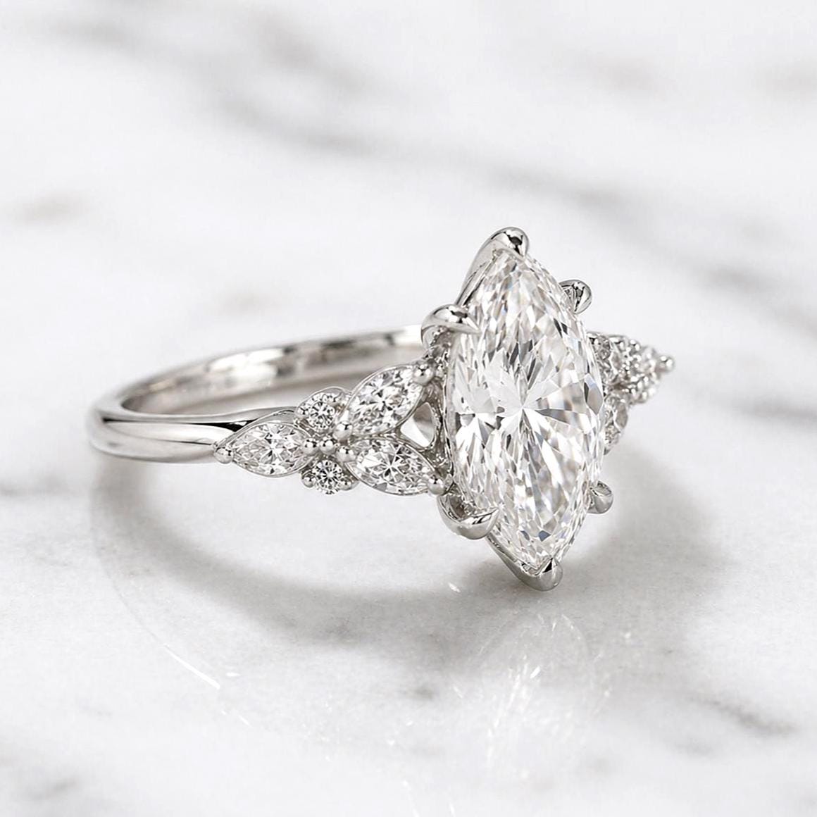 Marquise Lab Diamond Engagement Ring Marquise cut 1Ct Moissanite Brilliant Cut engagement ring in 935 Argentium Silver — custom handcrafted by Forever For Love