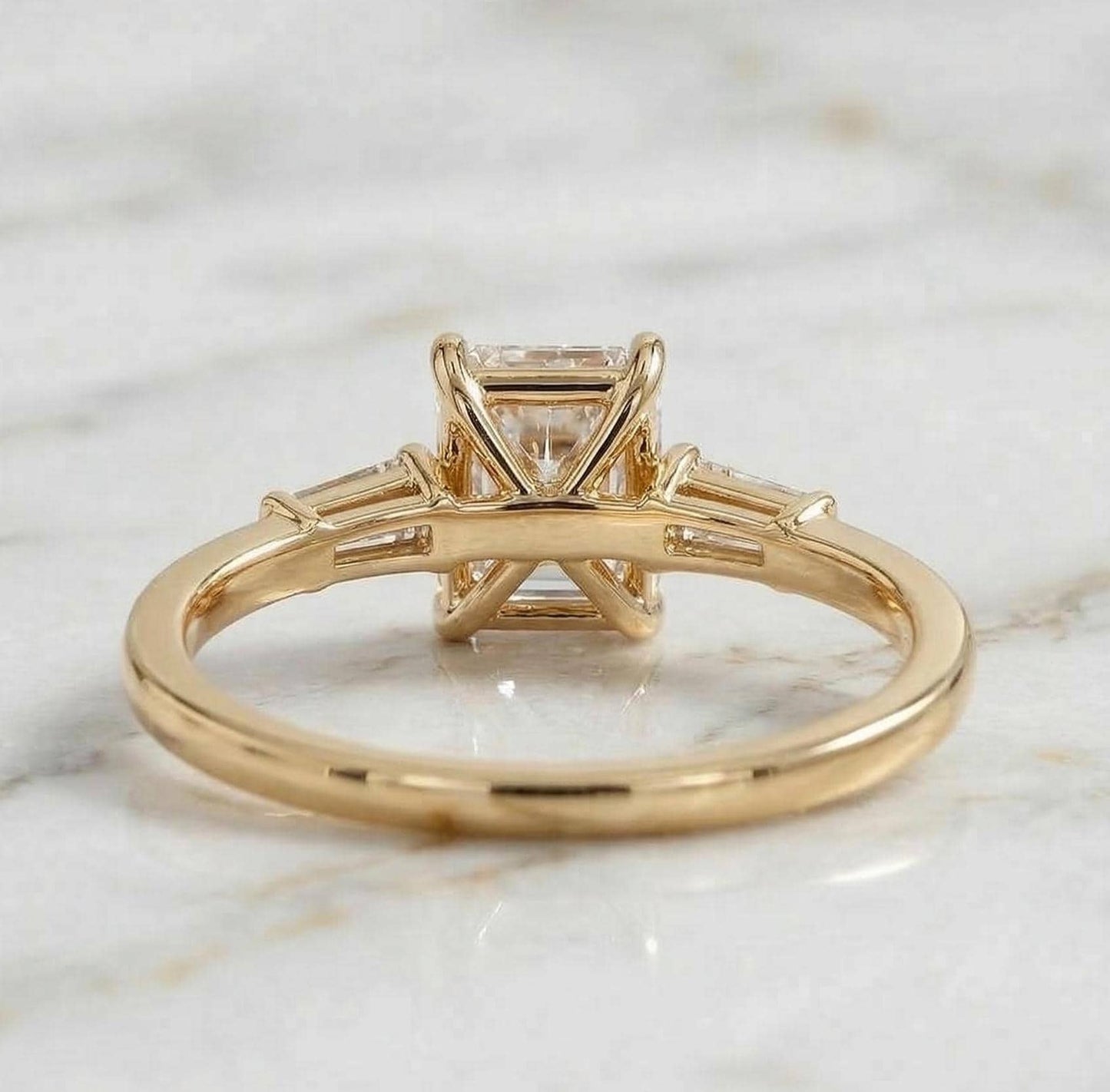 Radiant Lab Diamond Three Stone Ring Radiant cut Moissanite engagement ring in Gold or Platinum — custom handcrafted by Forever For Love