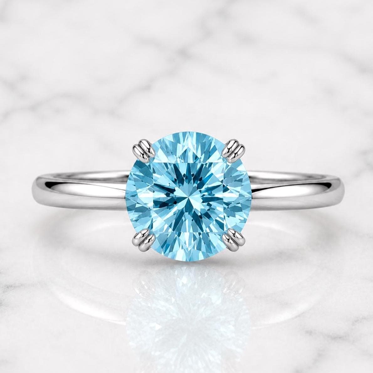 4 Ct Round Aquamarine Solitaire Engagement Ring Round cut 1Ct Natural Aquamarine engagement ring in 935 Argentium Silver — custom handcrafted by Forever For Love