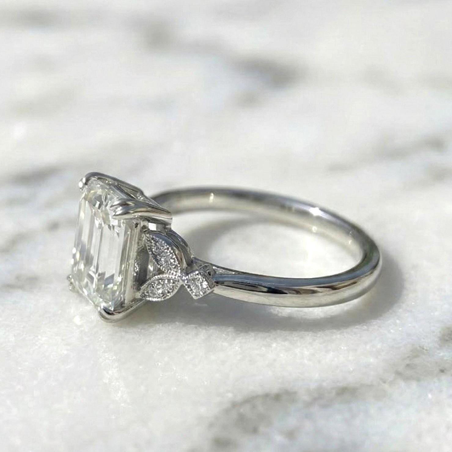 Antique Style 3.10 carat E Color VVS2 Clarity IGI Certified Emerald Cut Lab Grown Diamond Engagement Ring Side Round Diamonds 14k White Gold
