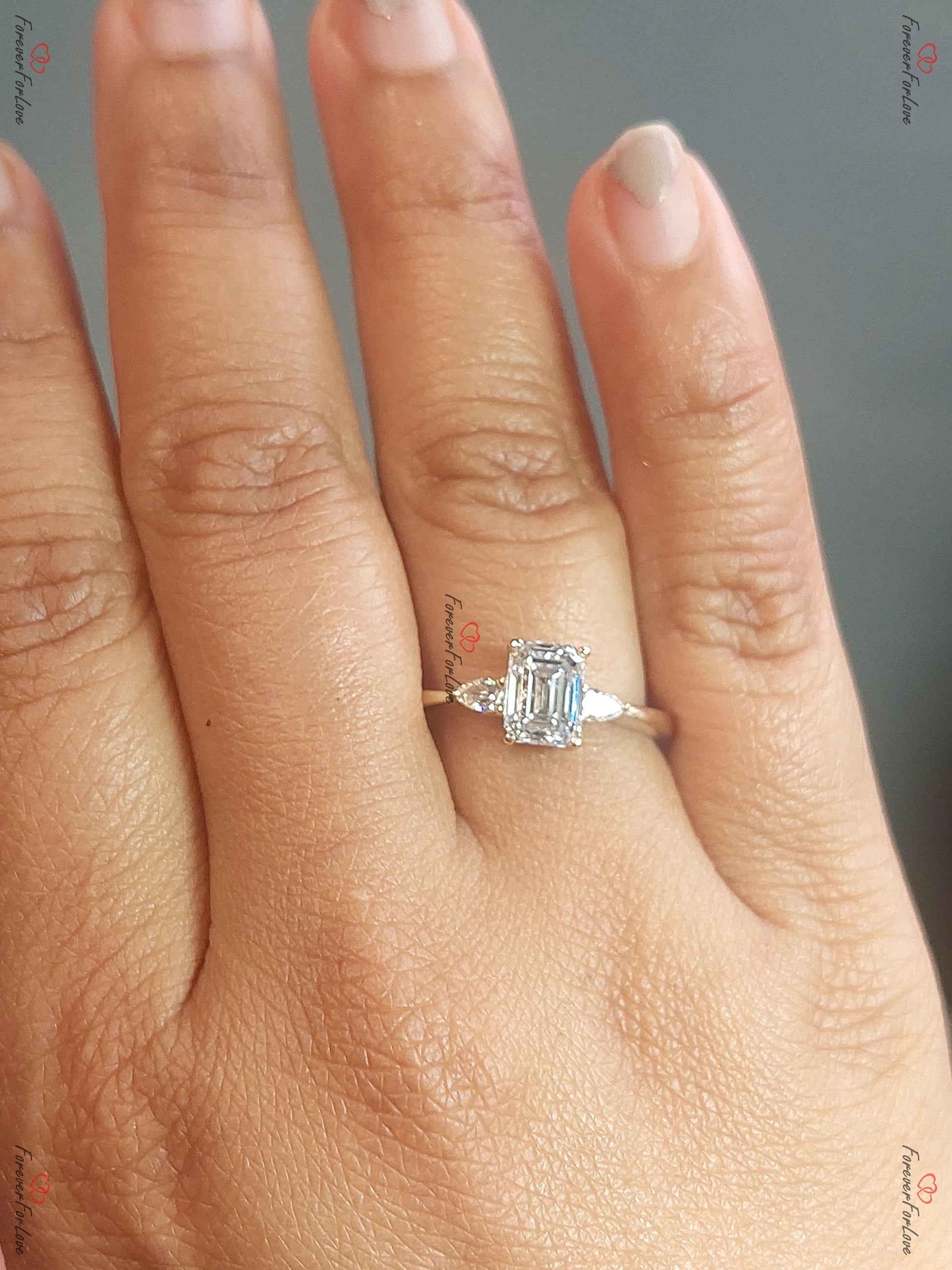 Emerald Lab Diamond, Emerald Three Stone Engagement Ring
