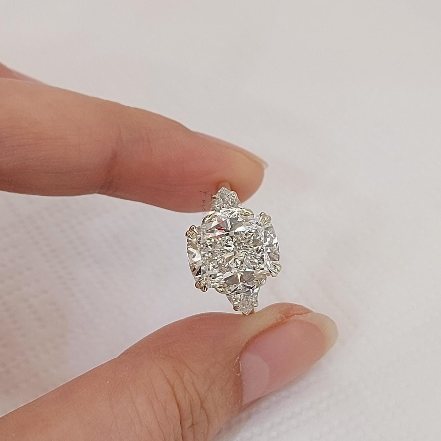 IGI Certified Cushion Lab Diamond Three Stone Ring Cushion cut Moissanite engagement ring in Gold or Platinum — custom handcrafted by Forever For Love