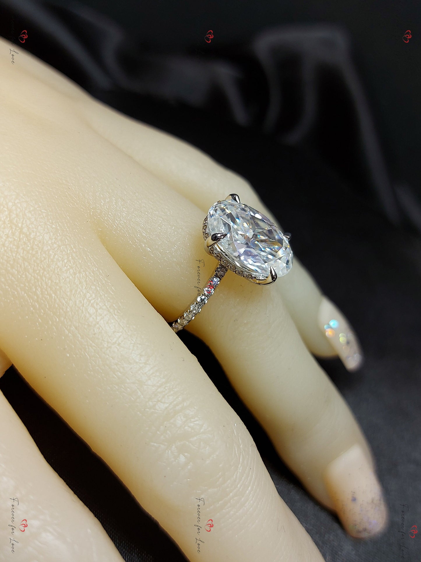 7 Ct Oval Moissanite Hidden Halo Ring with Pavé Band Oval cut Moissanite Brilliant Cut engagement ring in 935 Argentium Silver — custom handcrafted by Forever For Love