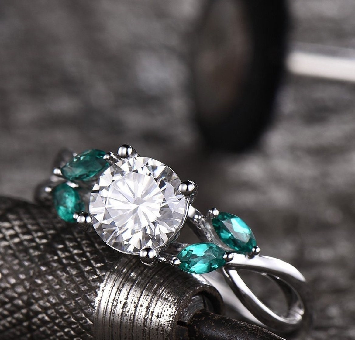 1 Ct Round Natural Diamond Engagement Ring with Emerald Accents Round cut 1Ct Moissanite Brilliant Cut engagement ring in 935 Argentium Silver — custom handcrafted by Forever For Love