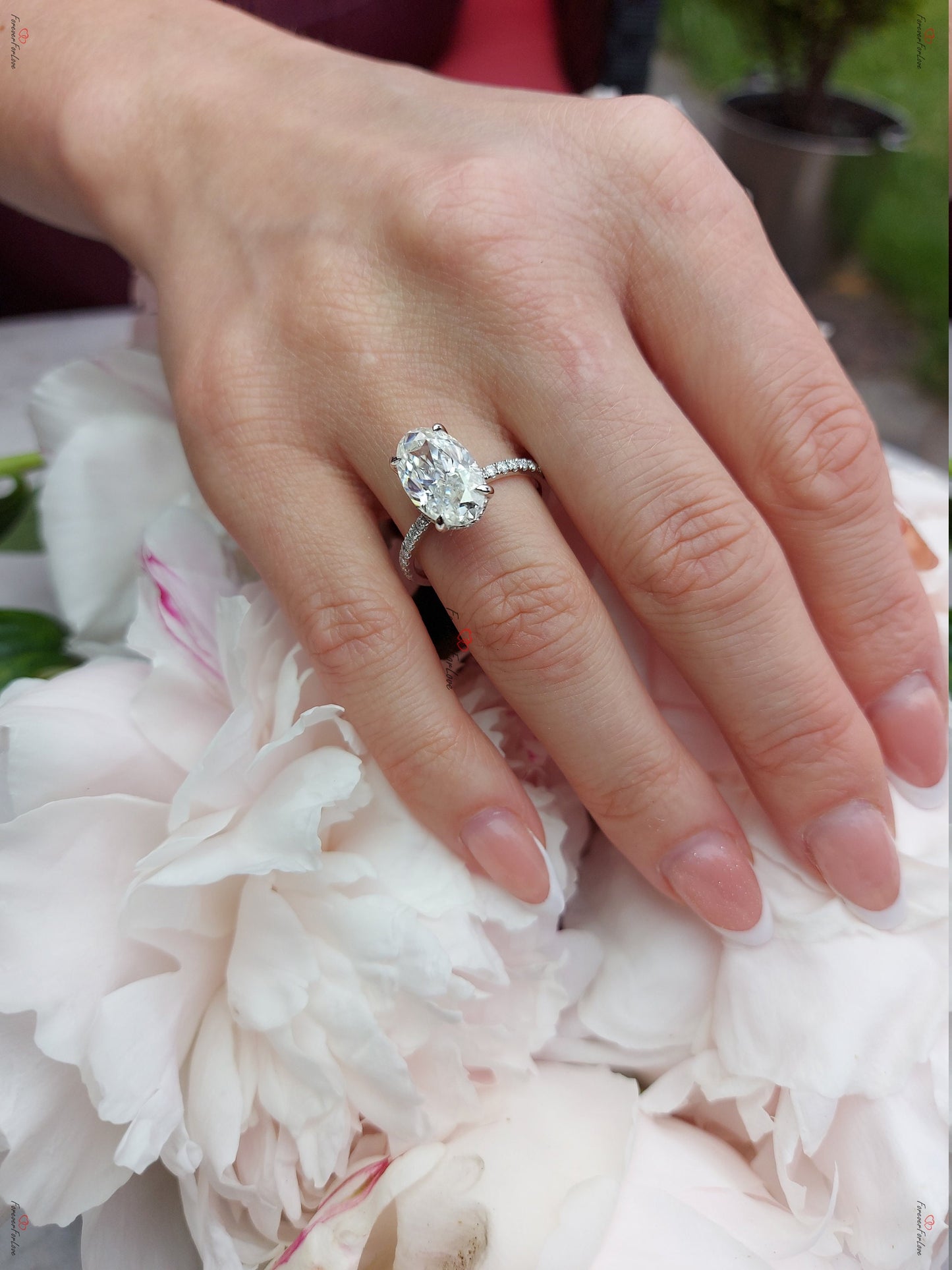 5 CT Crushed Ice Oval Moissanite Engagement Ring: 14k White Gold Hidden Halo Oval cut 1Ct Moissanite Brilliant Cut engagement ring in 935 Argentium Silver — custom handcrafted by Forever For Love