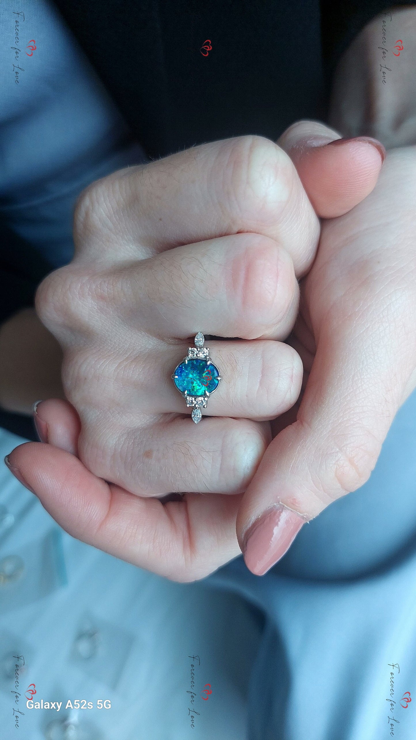 Oval Moissanite, Opal Engagement Ring Oval cut Moissanite engagement ring in Gold or Platinum — custom handcrafted by Forever For Love