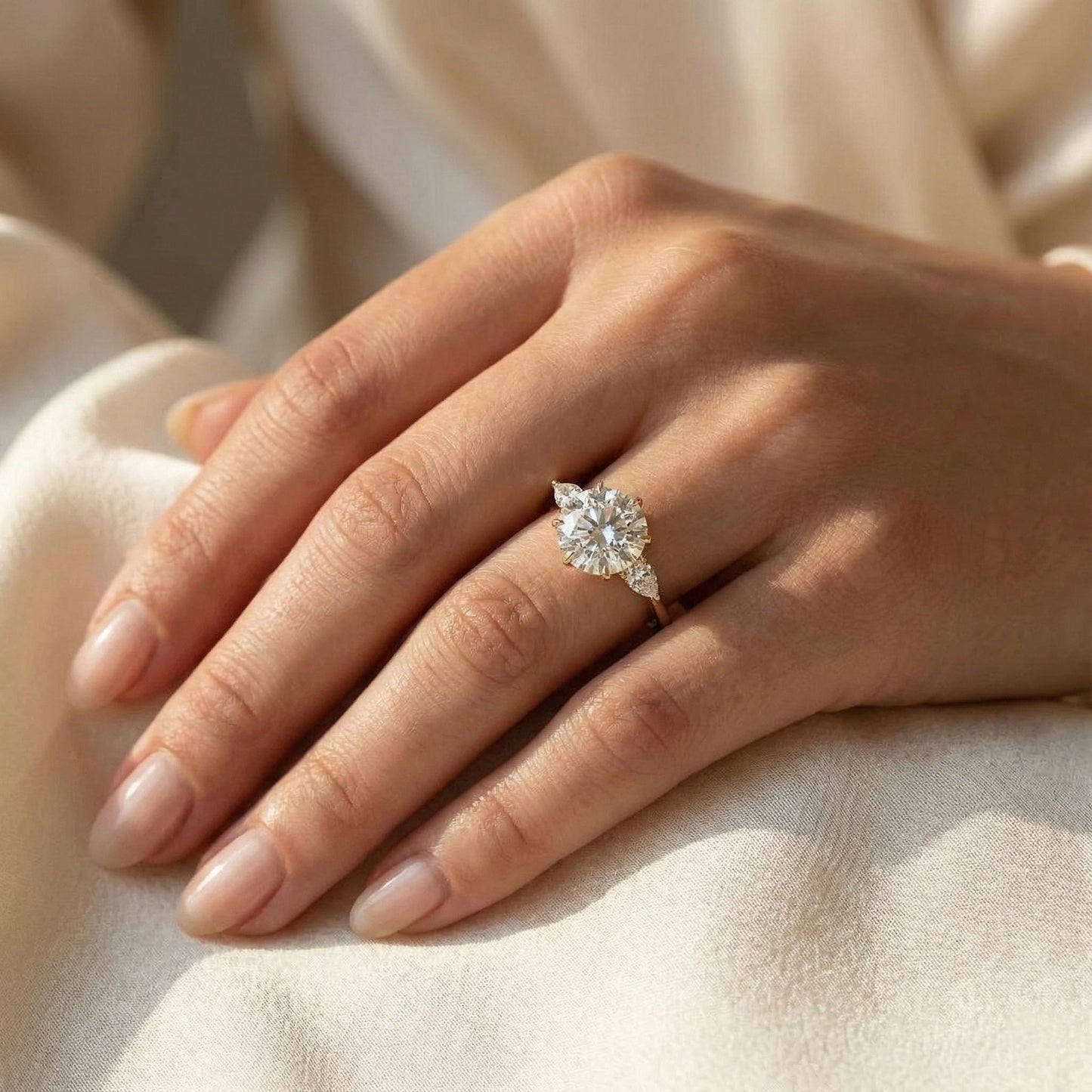 4.5 Ct Pear Lab Diamond Three Stone Ring Pear cut Moissanite engagement ring in Gold or Platinum — custom handcrafted by Forever For Love