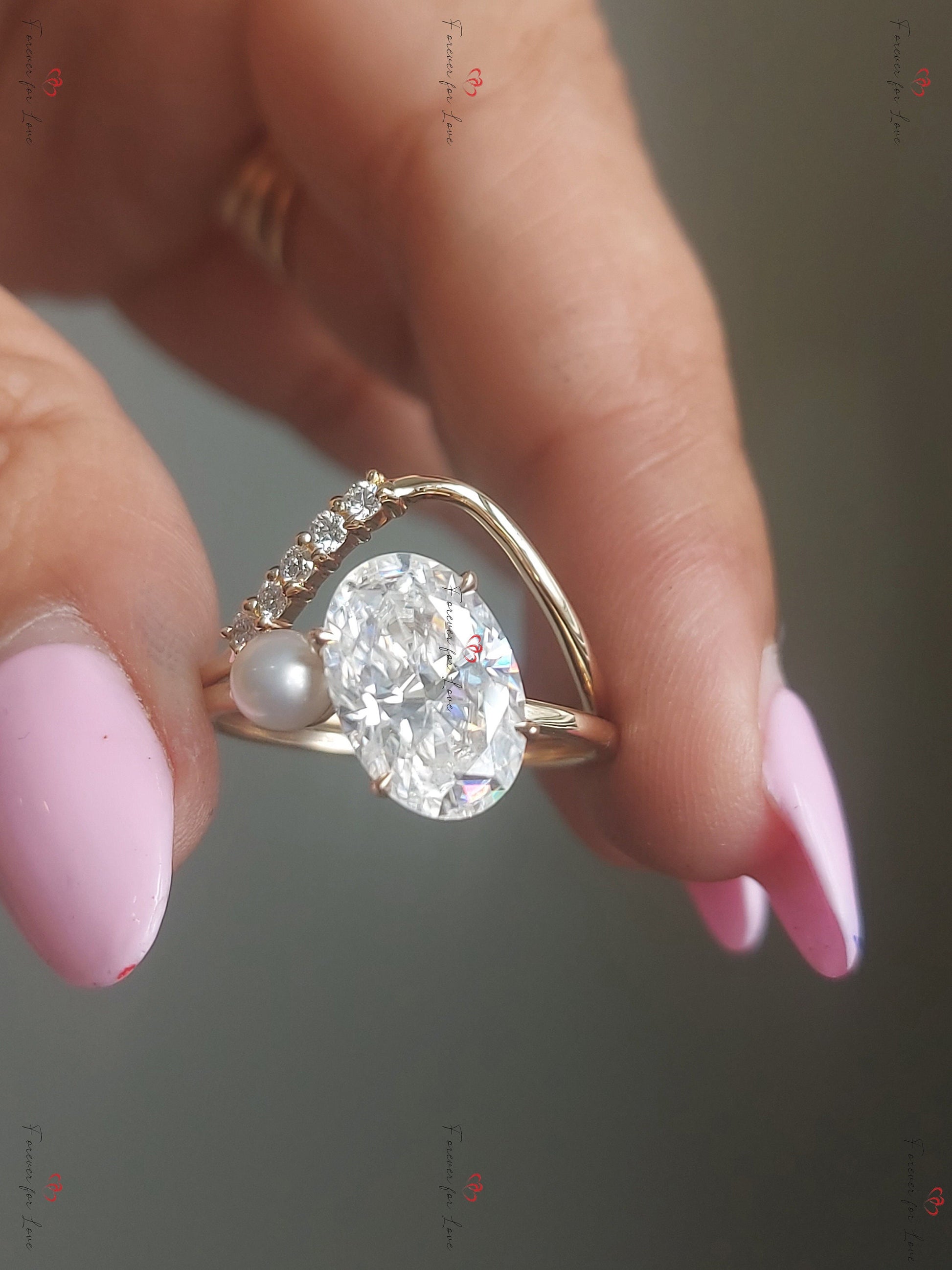 5 Ct Oval Moissanite, Pearl Engagement Ring