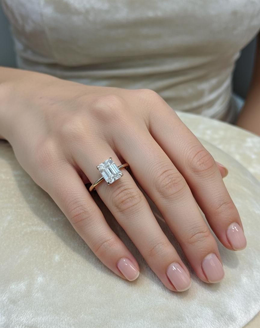 1.50 Ct Emerald Moissanite, Emerald Solitaire Engagement Ring