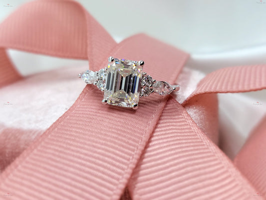 Vintage Emerald Cut Moissanite engagement ring unique Cluster gold engagement ring marquise diamond wedding Bridal art deco Anniversary.