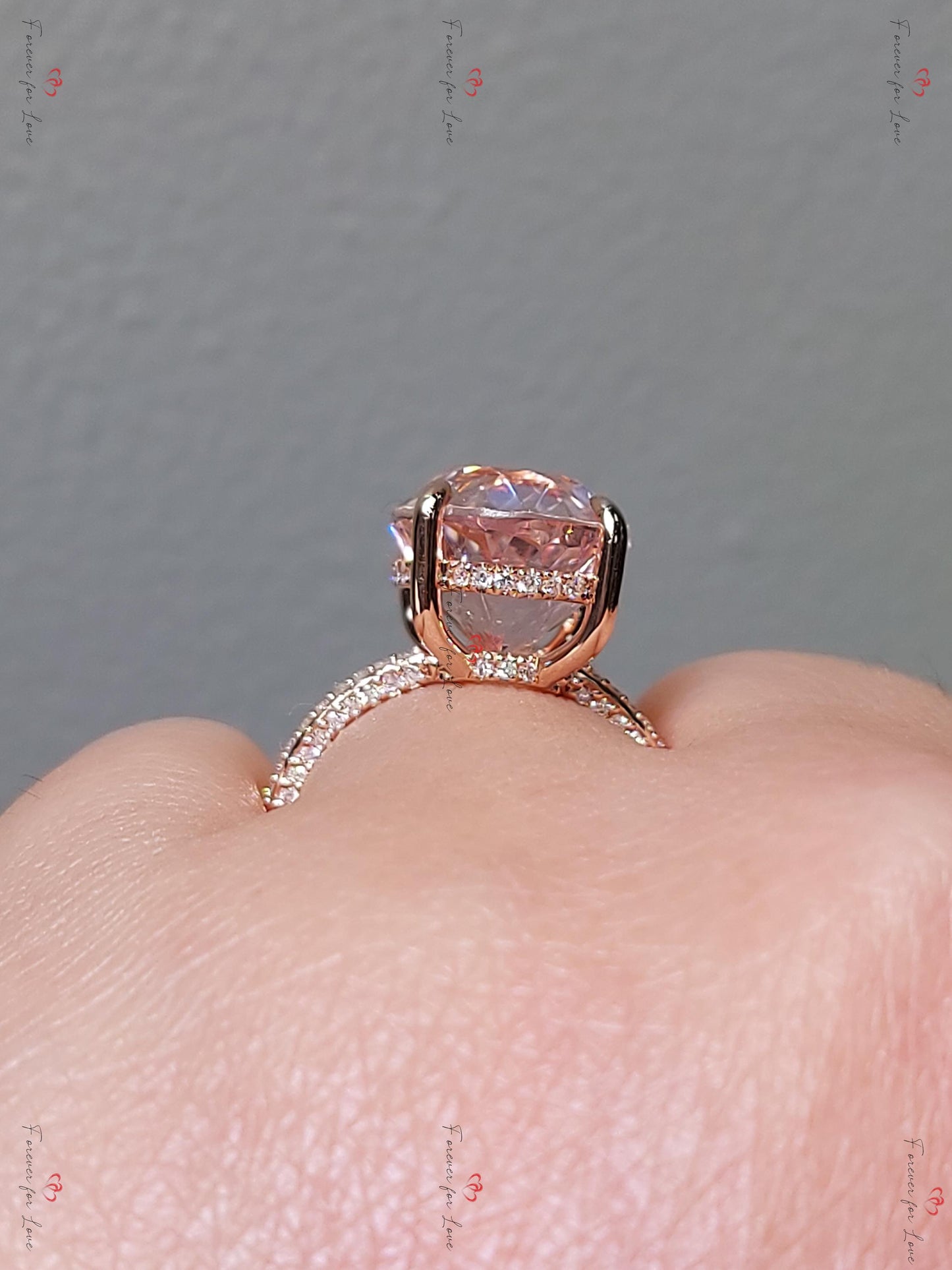 8 Ct Oval Diamond, Morganite Halo Engagement Ring Oval cut Moissanite engagement ring in Gold or Platinum — custom handcrafted by Forever For Love