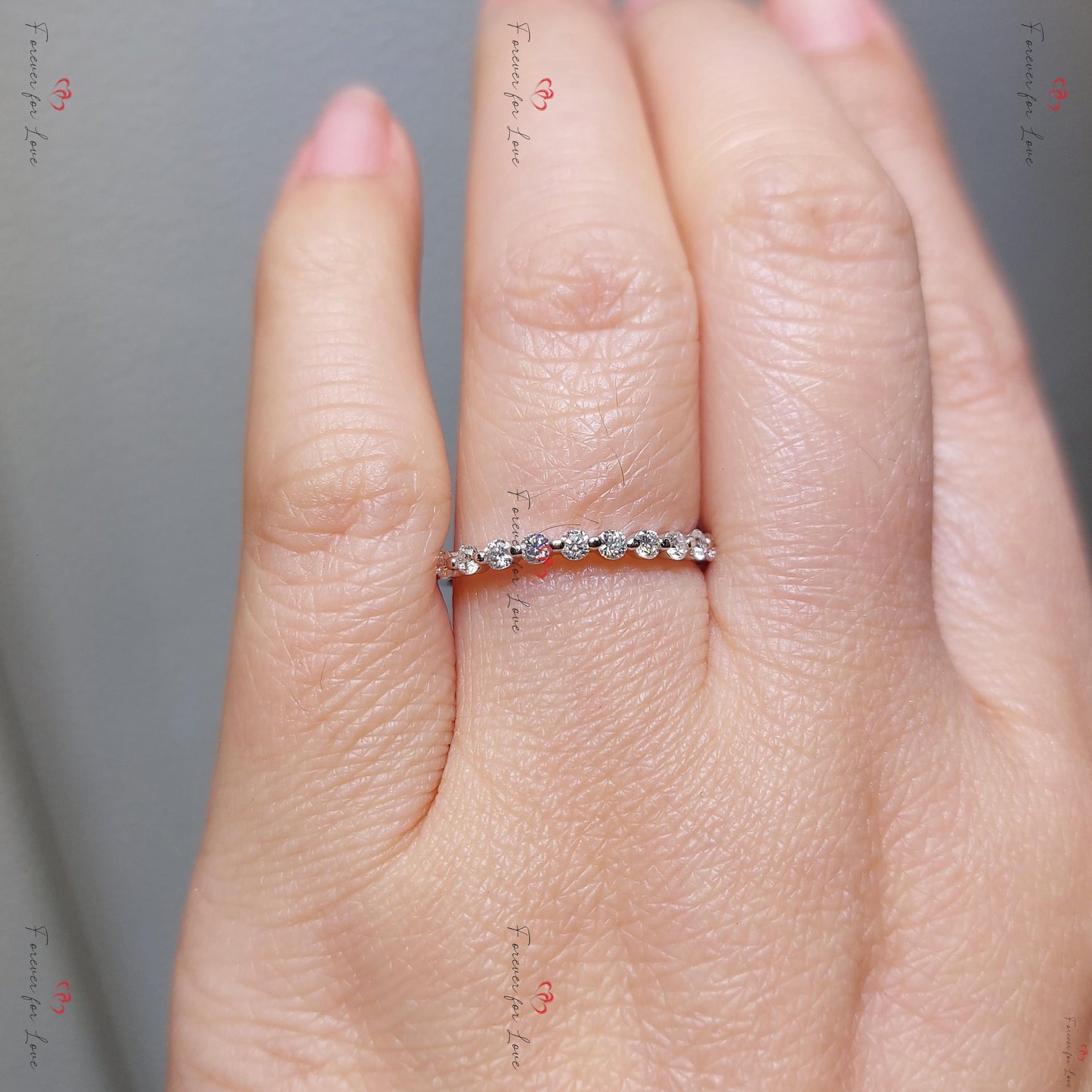 Round Lab Diamond Wedding Band with Shared Prong Setting Round cut Moissanite Brilliant Cut engagement ring in 935 Argentium Silver — custom handcrafted by Forever For Love