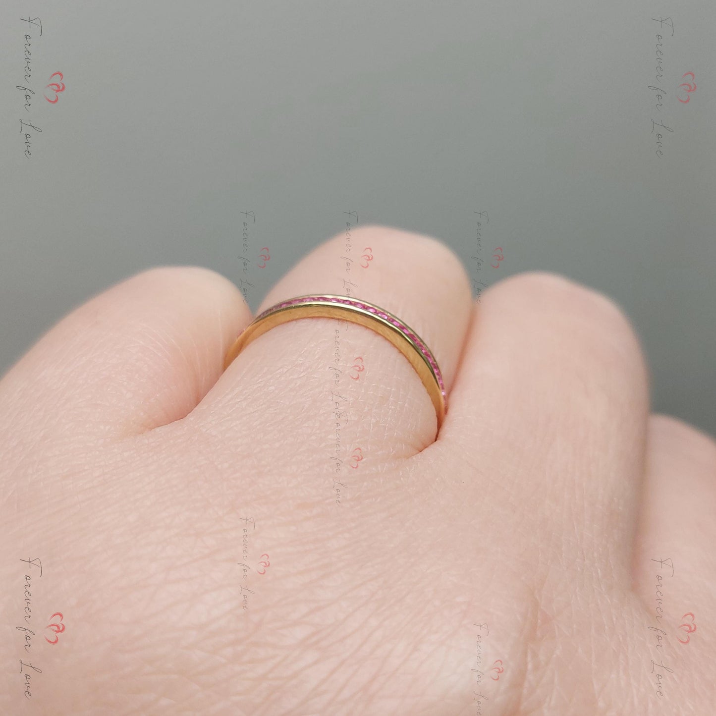 Pink Sapphire Full Eternity Wedding Band Round cut Natural Sapphire engagement ring in 935 Argentium Silver — custom handcrafted by Forever For Love
