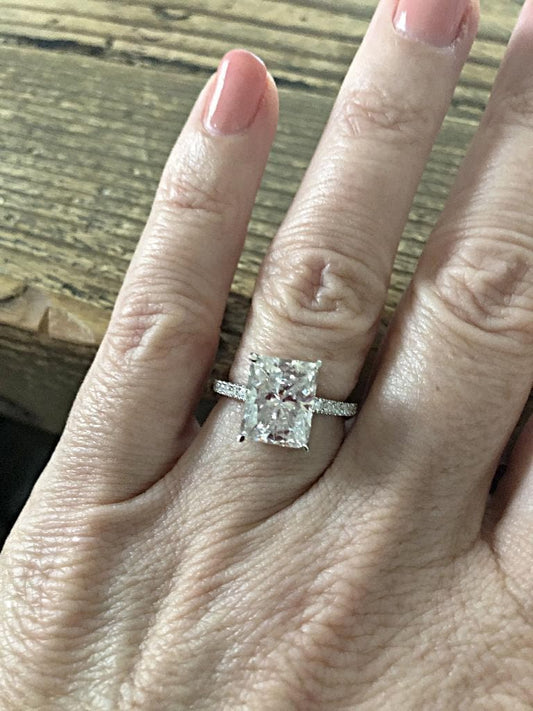 4 Ct Radiant Natural Diamond, Moissanite Hidden Halo Engagement Ring