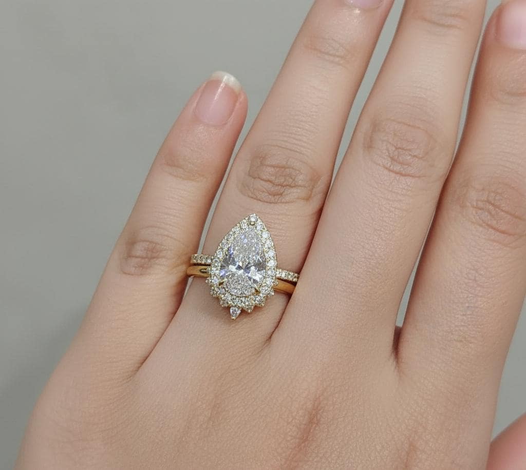 Pear Lab Diamond Halo Engagement Ring — 2.64 Ct Total Pear cut Moissanite Brilliant Cut engagement ring in 935 Argentium Silver — custom handcrafted by Forever For Love