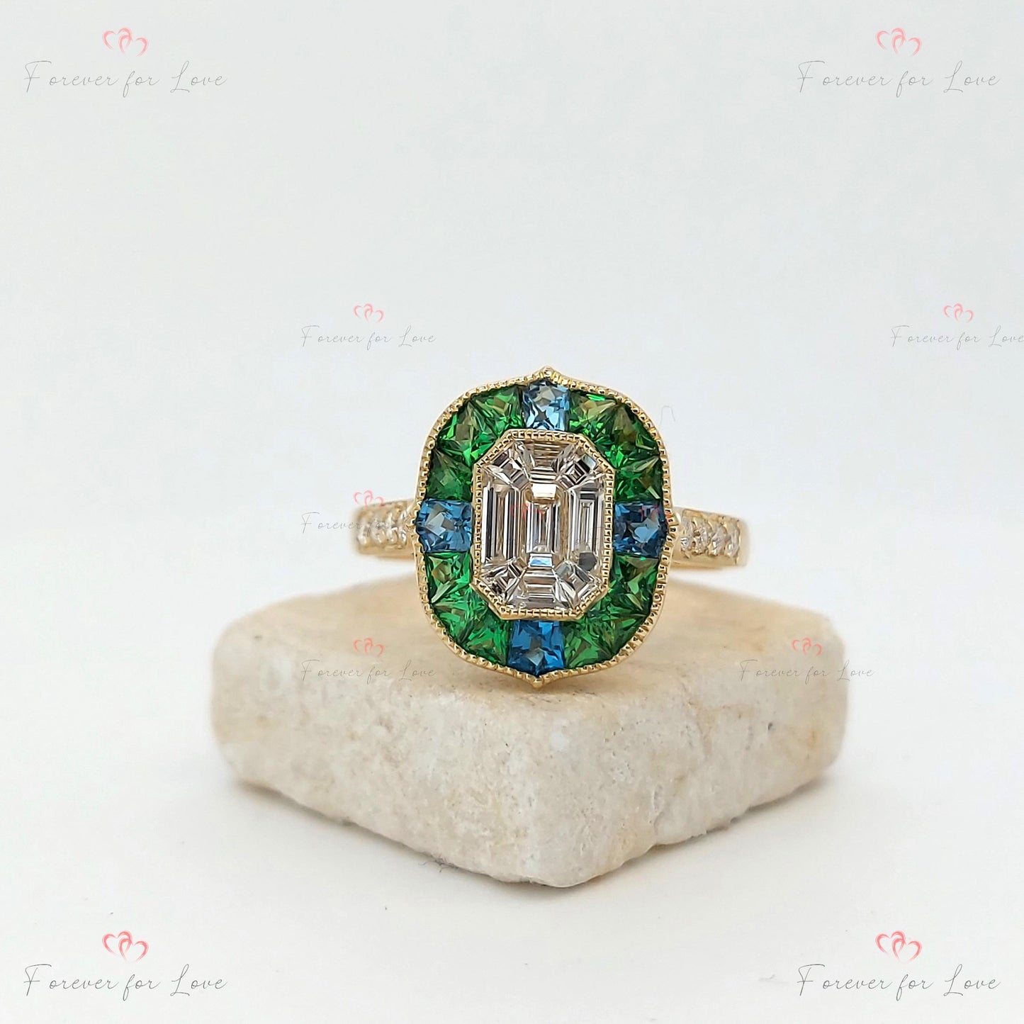 Bague de fiançailles solitaire à diamant de laboratoire taille émeraude ou moissanite Emerald cut 1Ct Moissanite taille brillant engagement ring in Gold or Platinum — custom handcrafted by Forever For Love