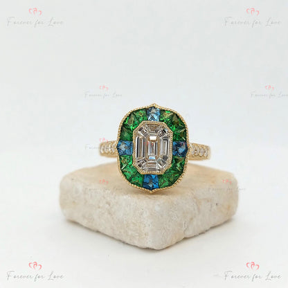 Emerald Diamond Solitaire Engagement Ring
