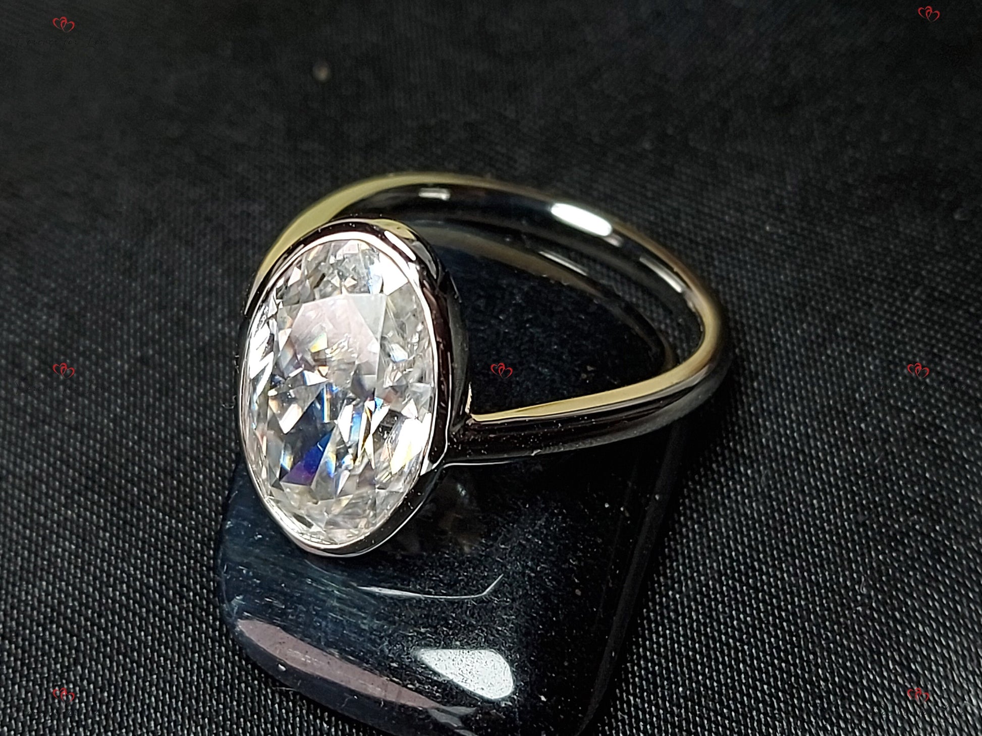 6 CT Moissanite Engagement Ring with bezel, 14*9mm Elongated Crushed Ice Oval Cut Ring, Modern Oval Diamond Ring, 14k Solid Yellow Gold.