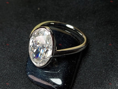 6 CT Moissanite Engagement Ring with bezel, 14*9mm Elongated Crushed Ice Oval Cut Ring, Modern Oval Diamond Ring, 14k Solid Yellow Gold.