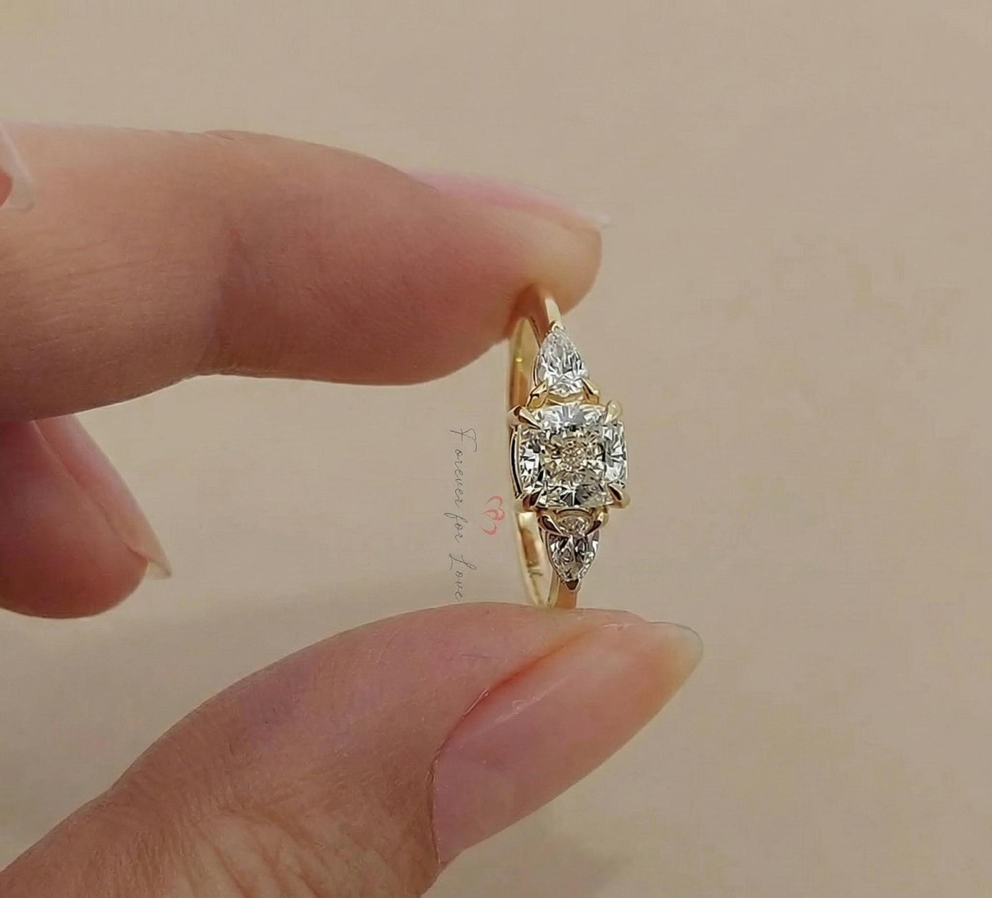 1.5 Ct IGI Certified Cushion Lab Diamond Three Stone Engagement Ring Cushion cut Moissanite engagement ring in Gold or Platinum — custom handcrafted by Forever For Love