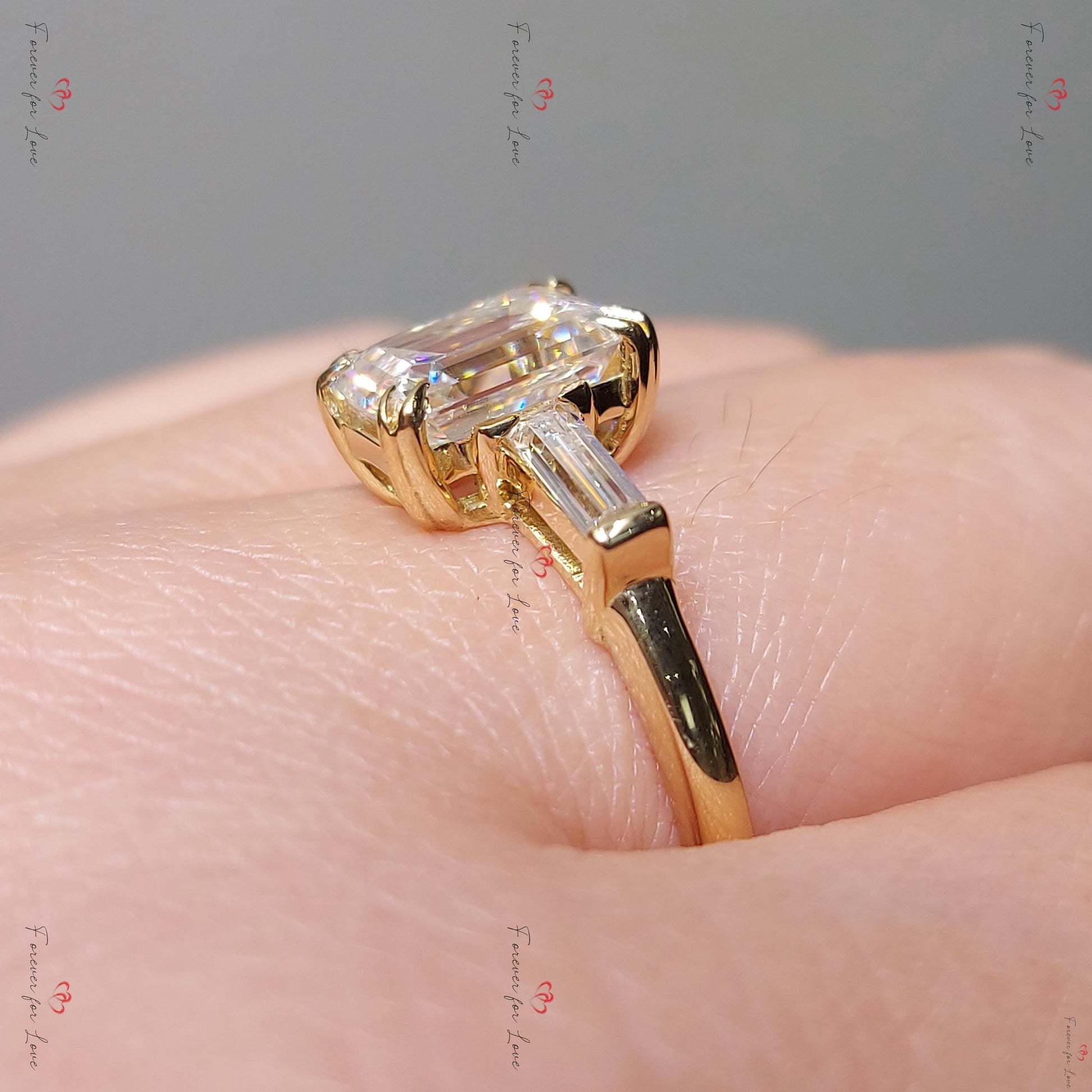 Three Stone Emerald Cut Moissanite Engagement Ring Emerald Cut and tapper baguette Moissanite Ring, Three Stone Wedding Anniversary Ring.