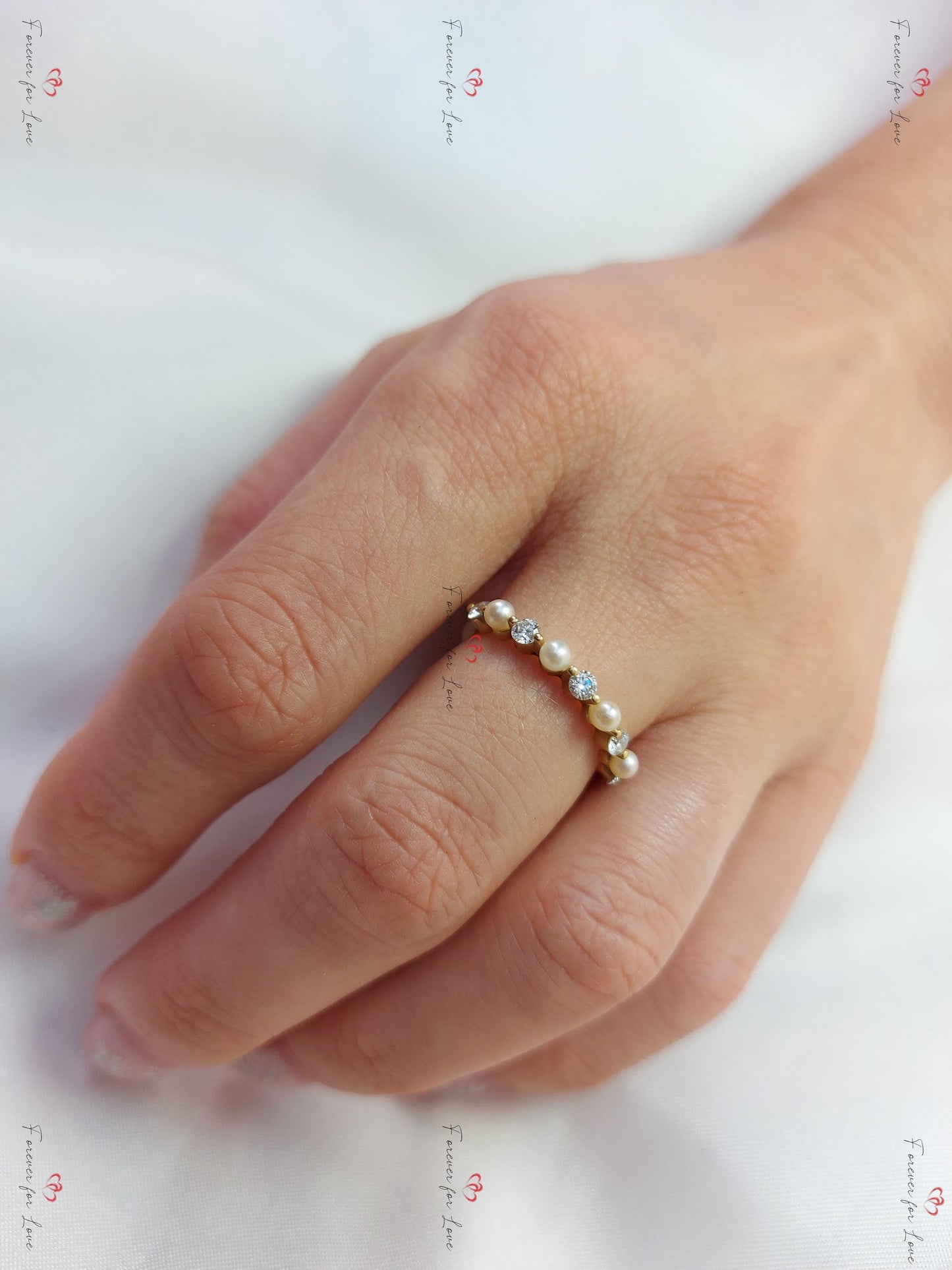 Dainty Diamond Half Eternity Pearl Diamond Ring Wedding Band for Women Floating Stacking Ring / Real Genuine Natural Diamonds Pear cut Moissanite Brilliant Cut engagement ring in 935 Argentium Silver — custom handcrafted by Forever For Love
