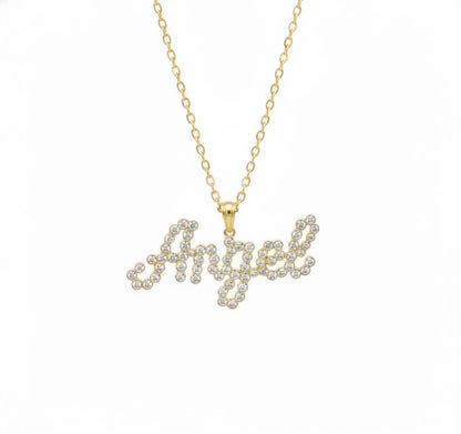 Halskette mit Namen aus 14K massivem Gold, Labor-Diamant mit Lünettenfassung, Gold, Silber, Roségold, personalisiertes Geschenk für sie