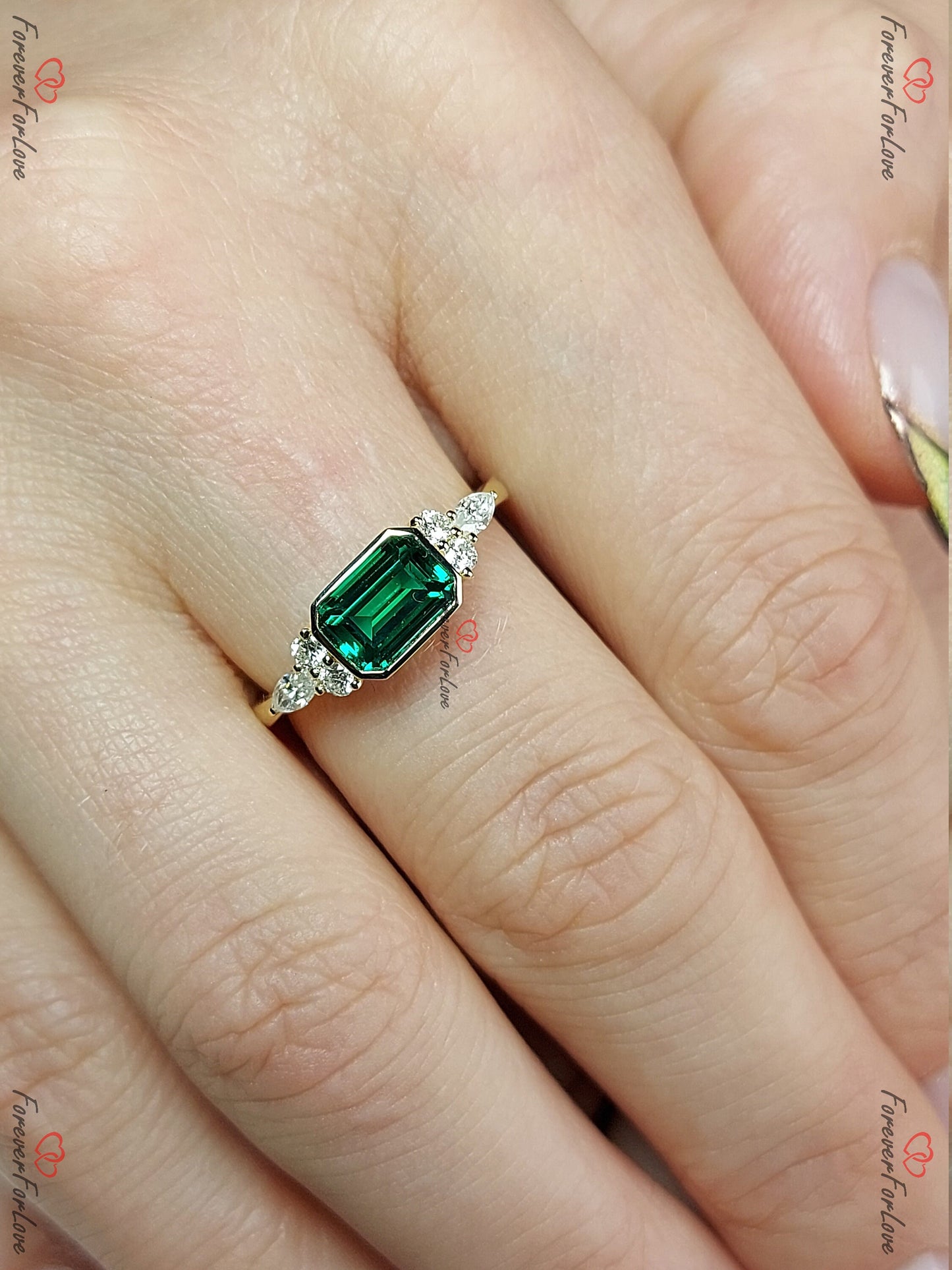 Baguette Diamond, Emerald Stacking Ring Baguette cut 1Ct Natural Emerald engagement ring in 935 Argentium Silver — custom handcrafted by Forever For Love