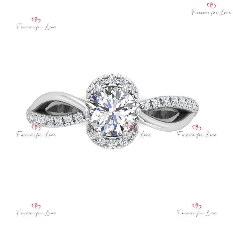Round Natural Diamond Solitaire with Side Stones Round cut 1Ct Moissanite Brilliant Cut engagement ring in 935 Argentium Silver — custom handcrafted by Forever For Love