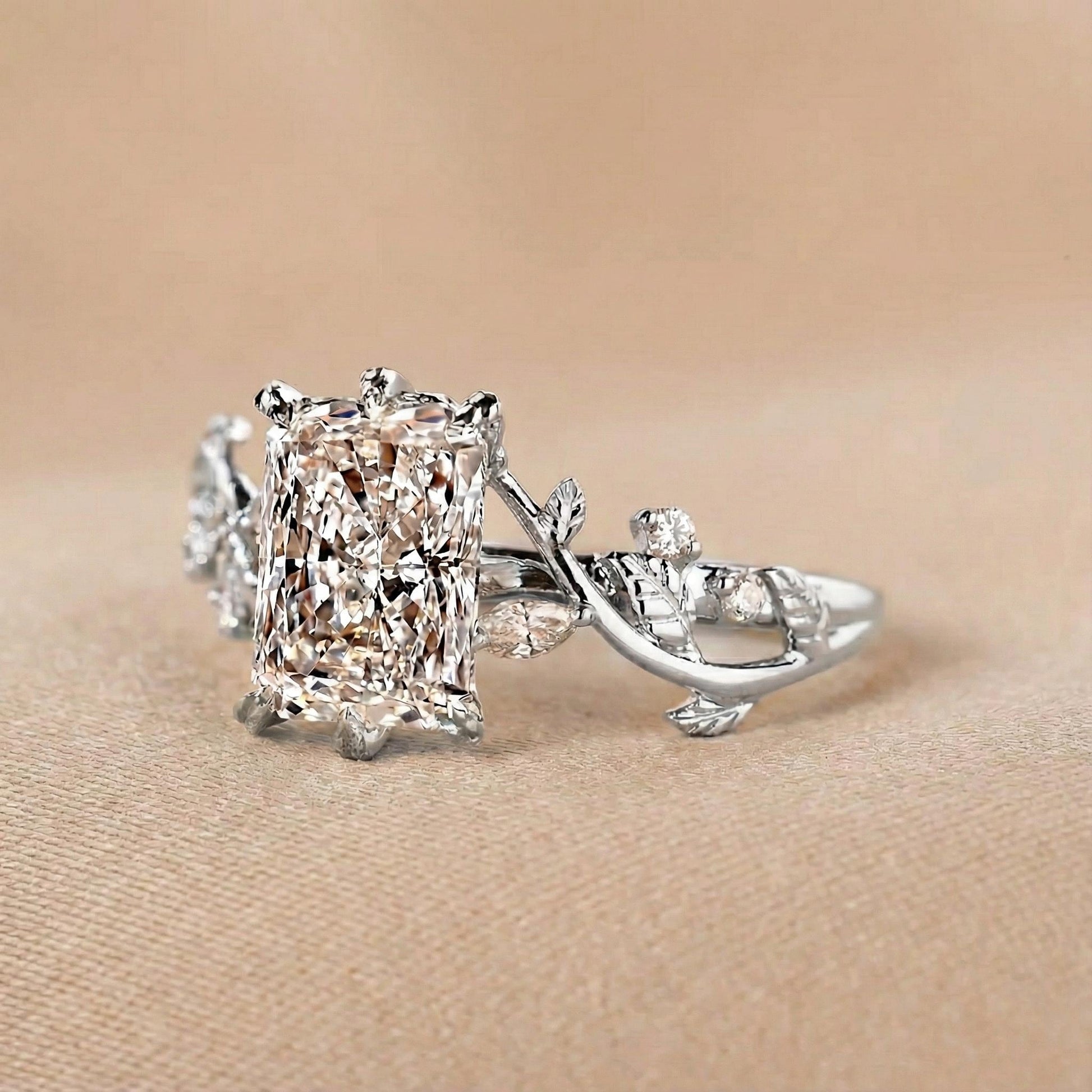 Radiant Cut Diamond Nature Inspired Wedding Ring, Leaf and Petals Design Engagement Ring, Unique Promise Ring for Her, Anniversary Gift Ring