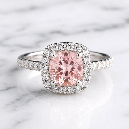 1.25 ct Pink Morganite Engagement Ring 14K White Gold Diamond Women Wedding Halo Bridal Art Deco Anniversary Gift for her.