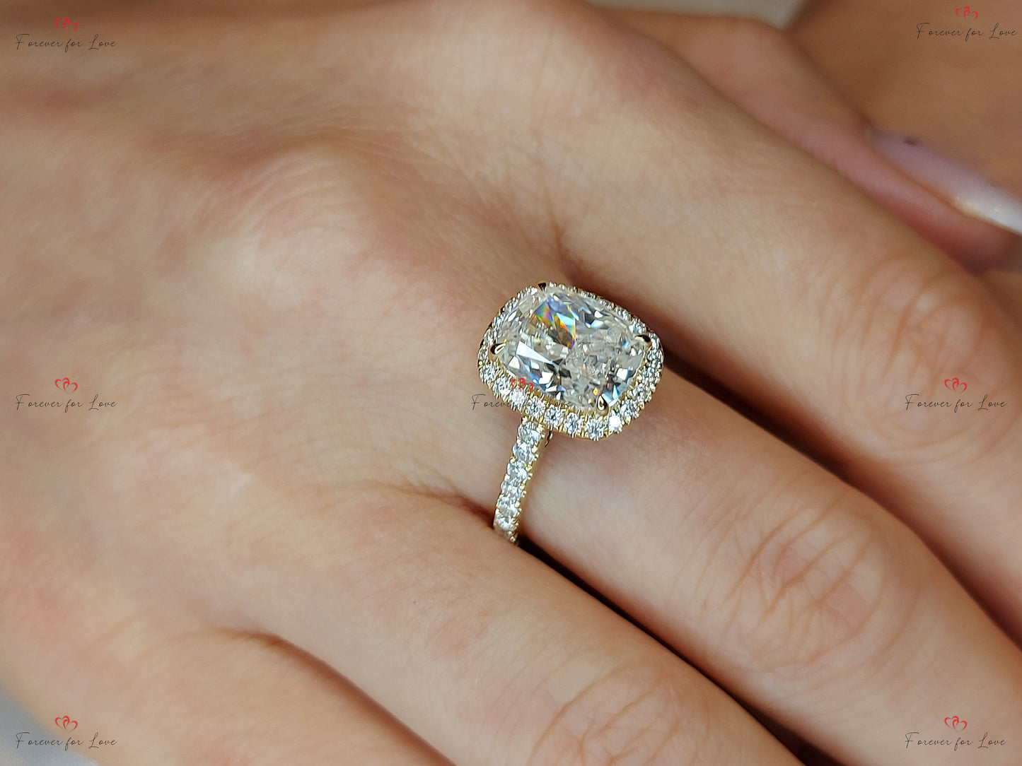 Bague de fiançailles auréole cachée moissanite, diamant coussin Cushion cut 1Ct Moissanite taille brillant engagement ring in Gold or Platinum — custom handcrafted by Forever For Love