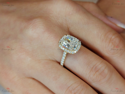 Cushion Diamond, Moissanite Hidden Halo Engagement Ring