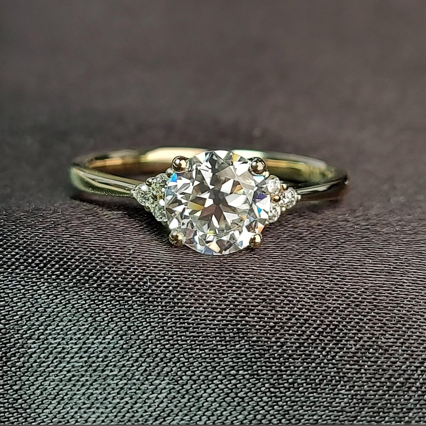 1.1 Ct IGI Certified Round Lab Diamond Three Stone Engagement Ring Round cut Moissanite engagement ring in Gold or Platinum — custom handcrafted by Forever For Love