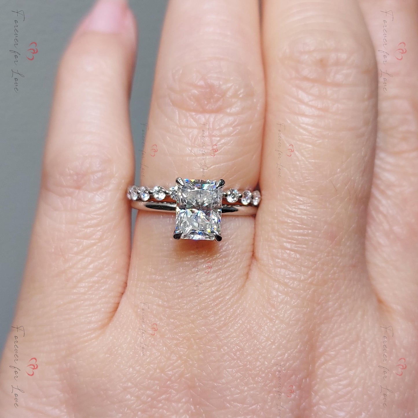 2 Karat Radiant Moissanite Eternity Band Radiant cut Moissanite engagement ring in 935er Argentium Silber — custom handcrafted by Forever For Love