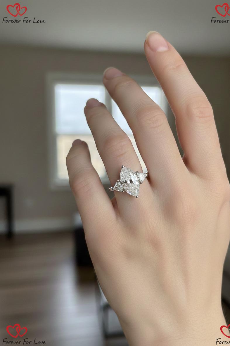 6 Ct IGI Certified Marquise Lab Diamond Three Stone Engagement Ring Marquise cut 1Ct Moissanite Brilliant Cut engagement ring in 935 Argentium Silver — custom handcrafted by Forever For Love