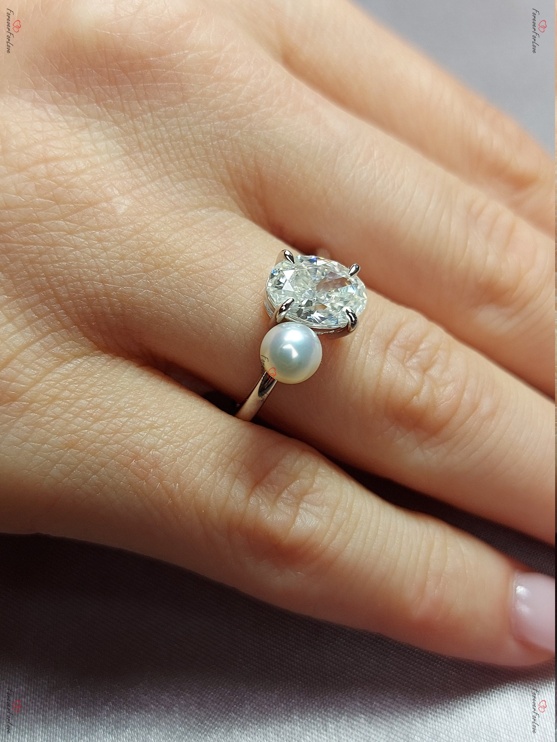 2.5 Ct Oval Diamond, Moissanite, Pearl Engagement Ring