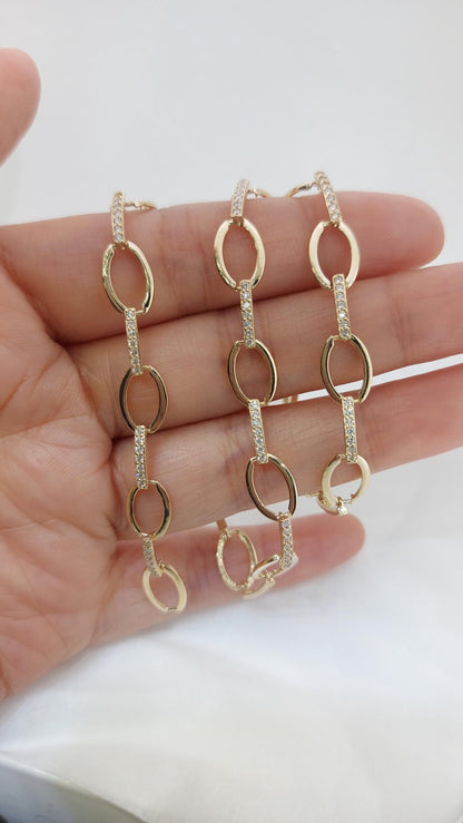 Halskette mit Büroklammerkette aus 14 Karat Massivgold, zarte Goldkette, Echte Diamant-Pave-Halskette/Diamantketten-Halskette, Jubiläumsgeschenk.