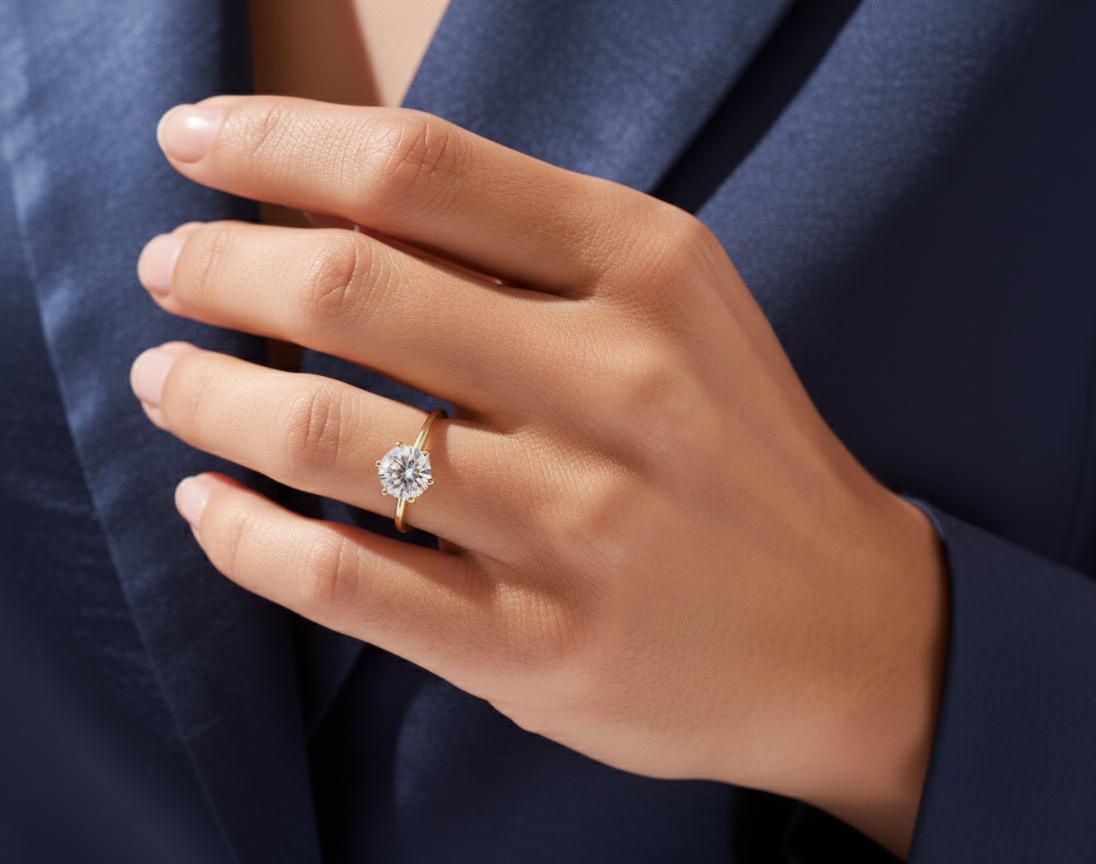 Bague de Fiançailles Solitaire 2 Ct Ronde Moissanite Round cut 1Ct Moissanite taille brillant engagement ring in Gold or Platinum — custom handcrafted by Forever For Love