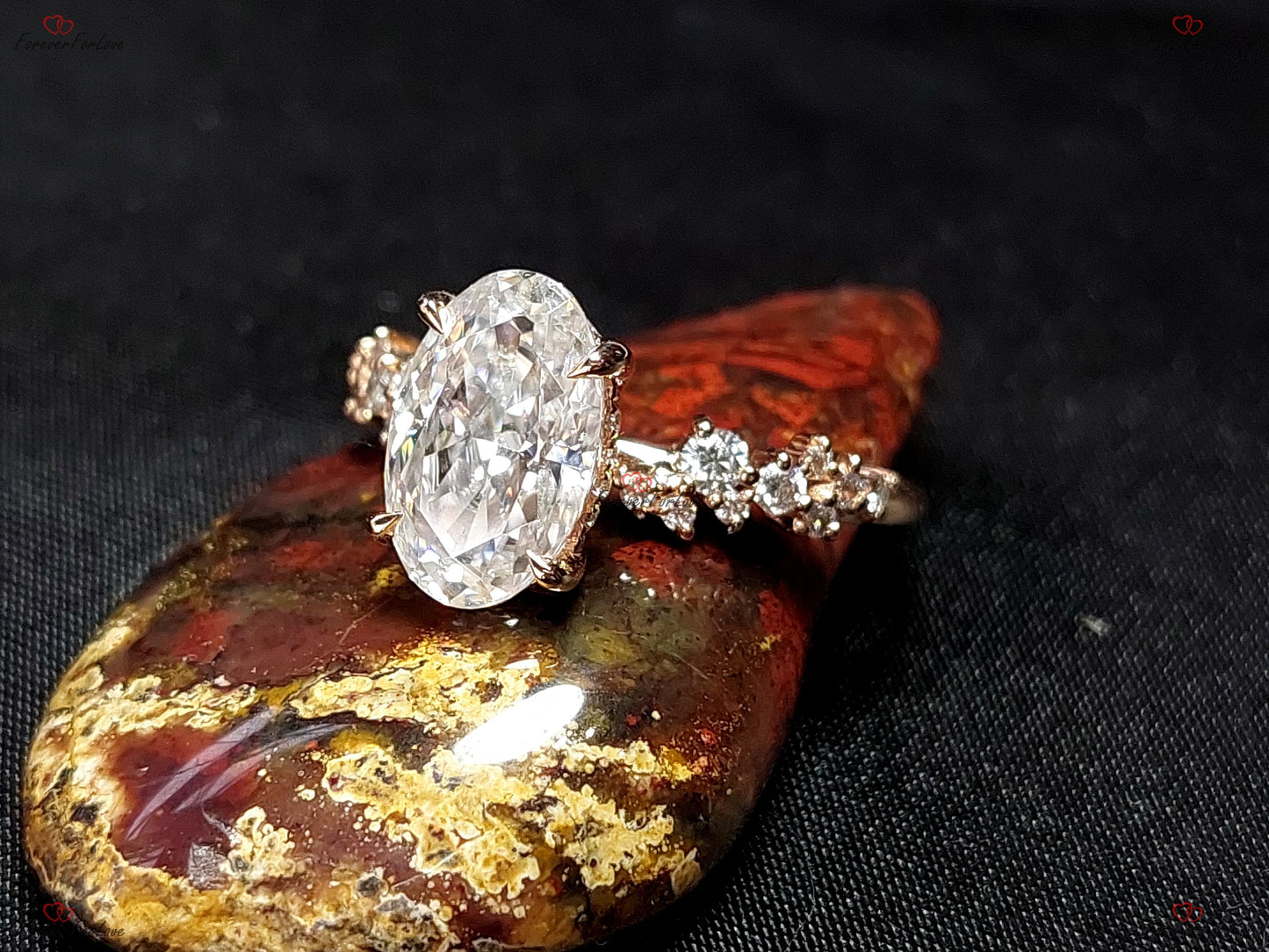3 Ct Oval Moissanite Art Deco Diamond Promise Ring Oval cut Moissanite engagement ring in Gold or Platinum — custom handcrafted by Forever For Love
