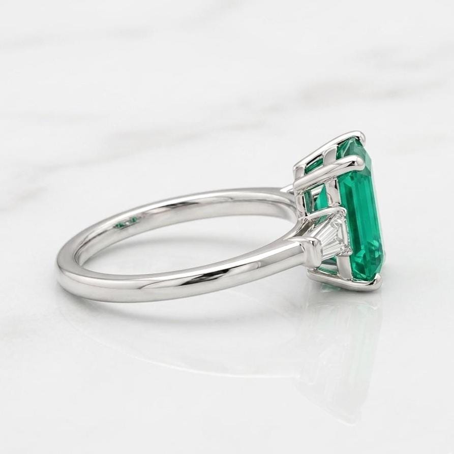2 Ct Baguette Lab Diamond, Emerald Ring Baguette cut 1Ct Natural Emerald engagement ring in 935 Argentium Silver — custom handcrafted by Forever For Love