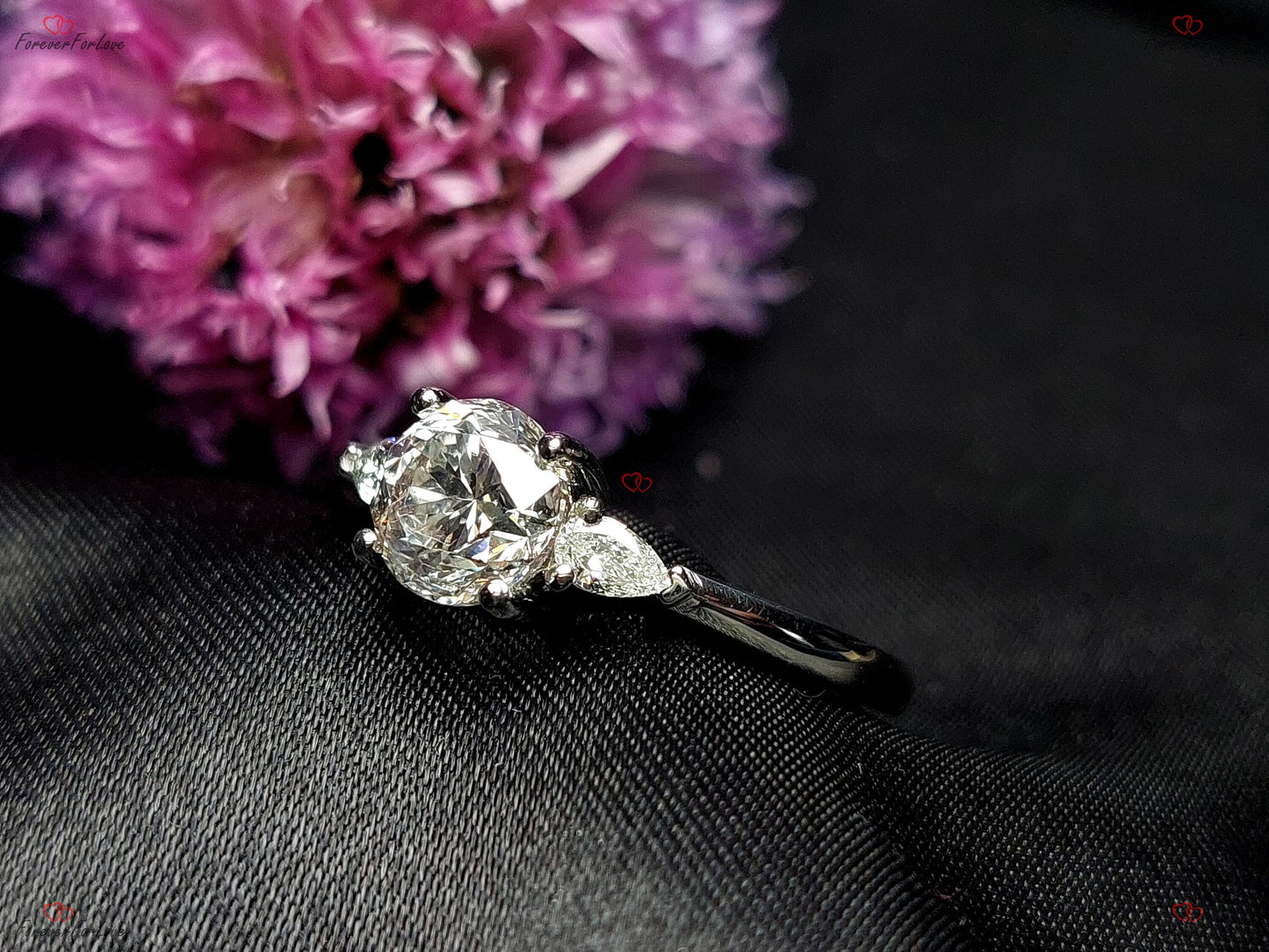 1.50 Ct Pear Lab Diamond Three Stone Engagement Ring Pear cut Moissanite engagement ring in Gold or Platinum — custom handcrafted by Forever For Love