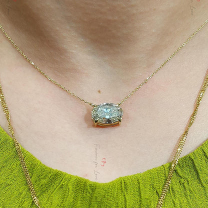 Pendentif solitaire flottant en or jaune 14 carats avec diamant taille ovale et chaîne de 45,7 cm, certifié IGI, 3 carats, couleur F, pureté VS1, diamant de synthèse