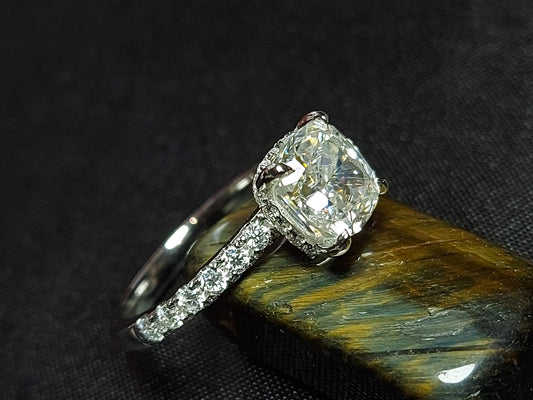 2Ct Cushion Cut moissanite engagement ring, Crushed Ice hidden halo Unique Diamond Ring Bridal ring Anniversary ring Engagement Ring.