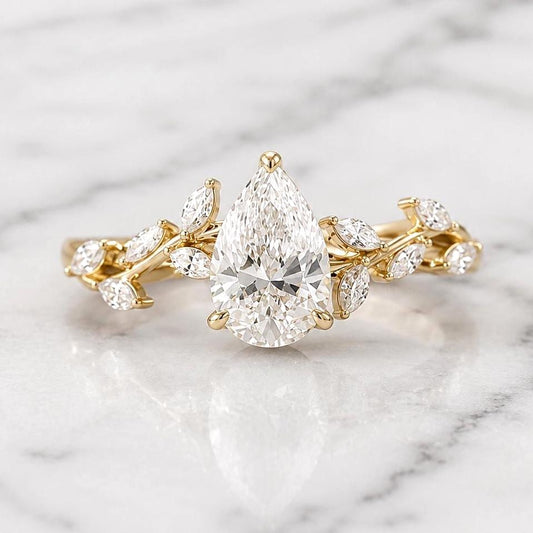 14k Solid Gold Pear Cut Diamond Engagement Ring, Nature Inspired Lab Grown Diamond Ring for Women, Handmade Anniversary Gift for Her