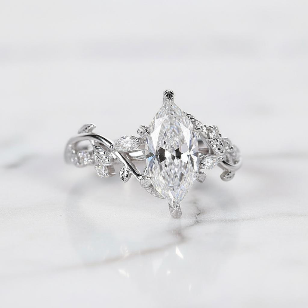 Nature Inspired Engagement Ring in Dutch Marquise Cut Lab Grown Diamond, Leaves and Petal Design, Anniversary Gift for Her Marquise cut 1Ct Moissanite Brilliant Cut engagement ring in 935 Argentium Silver — custom handcrafted by Forever For Love