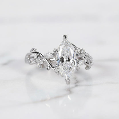 Nature Inspired Engagement Ring in Dutch Marquise Cut Lab Grown Diamond, Leaves and Petal Design, Anniversary Gift for Her