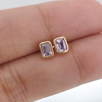 14k Natural Pink Sapphire Emerald Cut Stud Earrings, 0.5ct Bezel Setting, Stud Earring, Perfect Gift for Her.